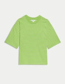 Pure Cotton Relaxed Striped Boxy T-Shirt -M&S pure cotton striped boxy t shirt 11