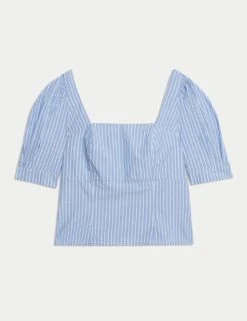 Pure Cotton Striped Square Neck Slim Fit Top -M&S pure cotton striped square neck corset top