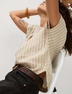 Pure Linen Striped Relaxed T-Shirt 25 Pure Linen Striped Relaxed T-Shirt -M&S pure linen striped relaxed t shirt 9