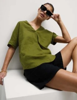 Pure Linen V-Neck Relaxed Popover Blouse -M&S pure linen v neck relaxed popover blouse 11