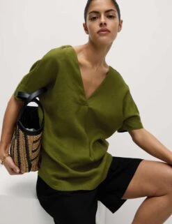 Pure Linen V-Neck Relaxed Popover Blouse -M&S pure linen v neck relaxed popover blouse 12