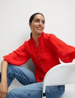 Shirred 3/4 Sleeve Button Through Blouse -M&S shirred 3 4 sleeve button through blouse 13