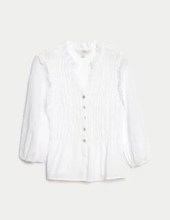 Shirred 3/4 Sleeve Button Through Blouse -M&S shirred 3 4 sleeve button through blouse 14