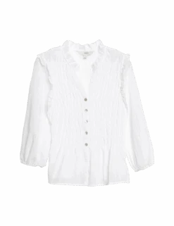 Shirred 3/4 Sleeve Button Through Blouse -M&S shirred 3 4 sleeve button through blouse