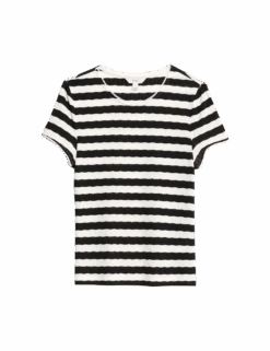 Striped Pointelle Crew Neck T-Shirt -M&S striped pointelle crew neck t shirt
