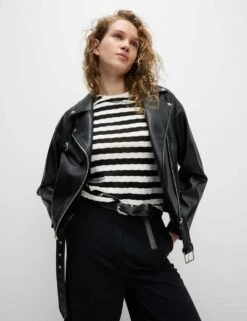 Striped Pointelle Crew Neck T-Shirt -M&S striped pointelle crew neck t shirt 8