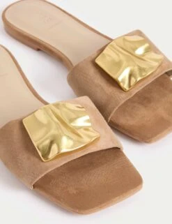 Suede Gold Detail Flat Mule Sandal -M&S suede gold detail flat mule sandal 7